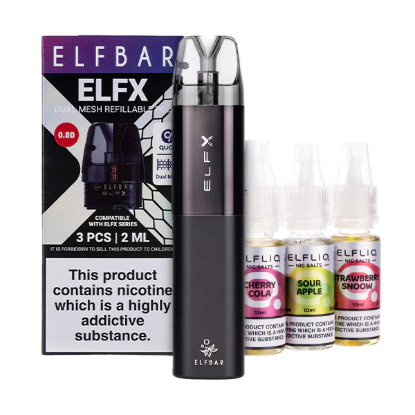 ElfBarELFXPodKitBundleBlack Buy Elf Bar ELFX Pod Kit BundleThe Elf Bar ELFX is the first refillable and rechargeable pod kit from vaping icons Elf Bar.